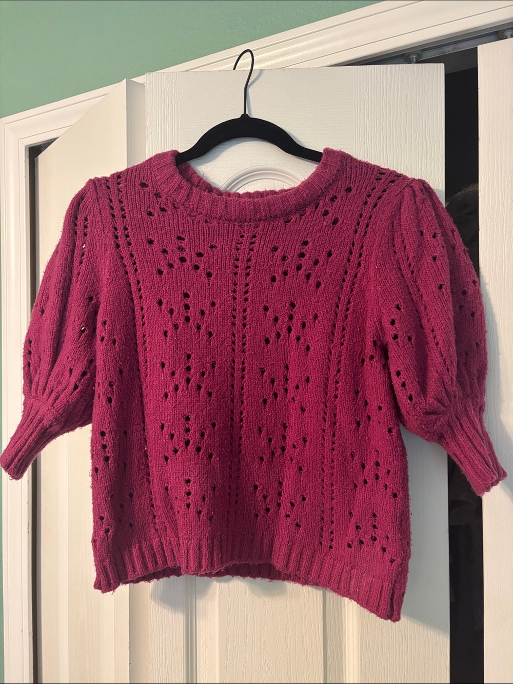 For Love And Lemons Fuchsia Open-Knit Puff Sleeve Crewneck Sweater